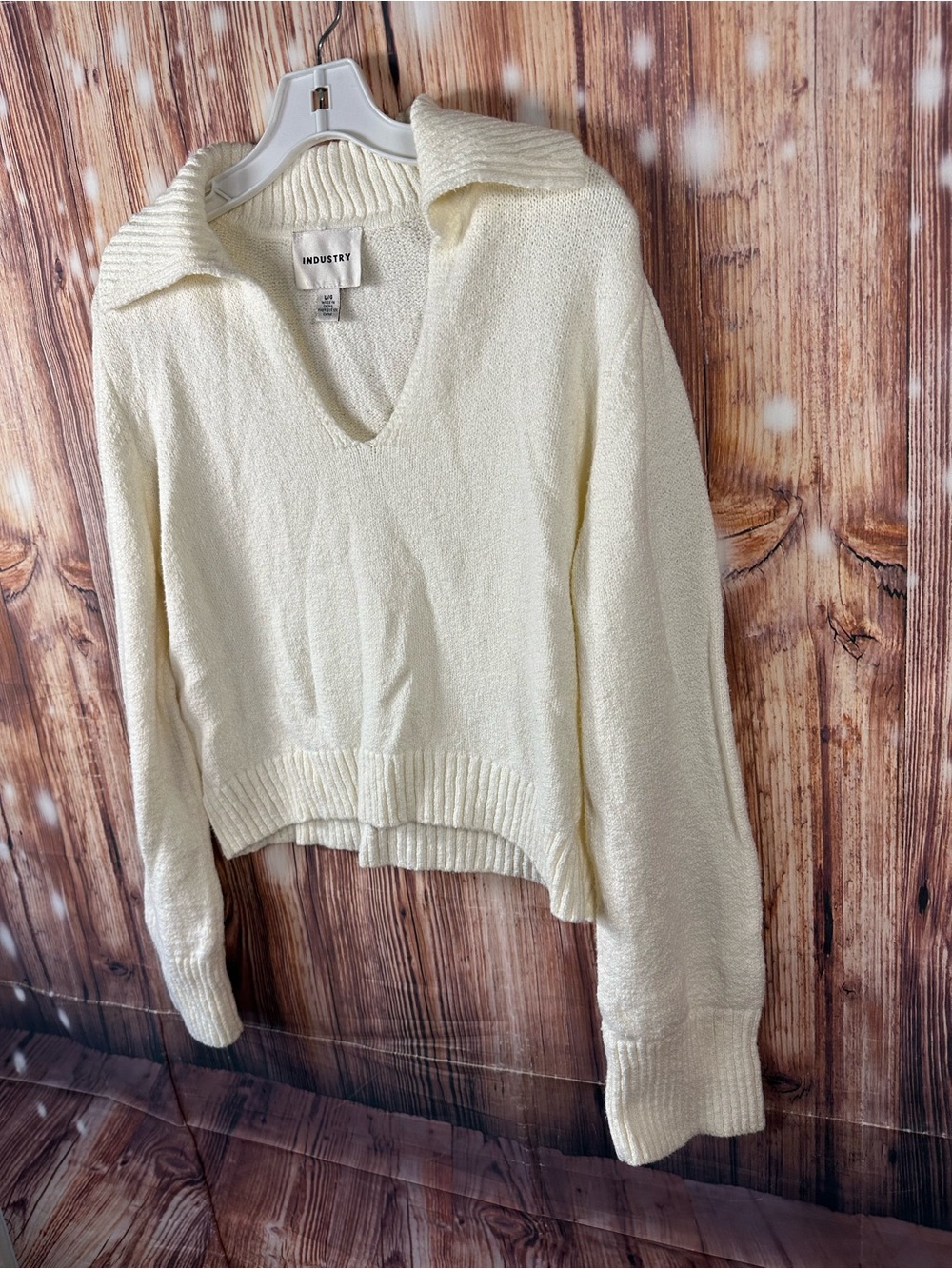 INDUSTRY Cream Knit Collared V-Neck Pullover Sweater Size Large - Picture 11 of 11